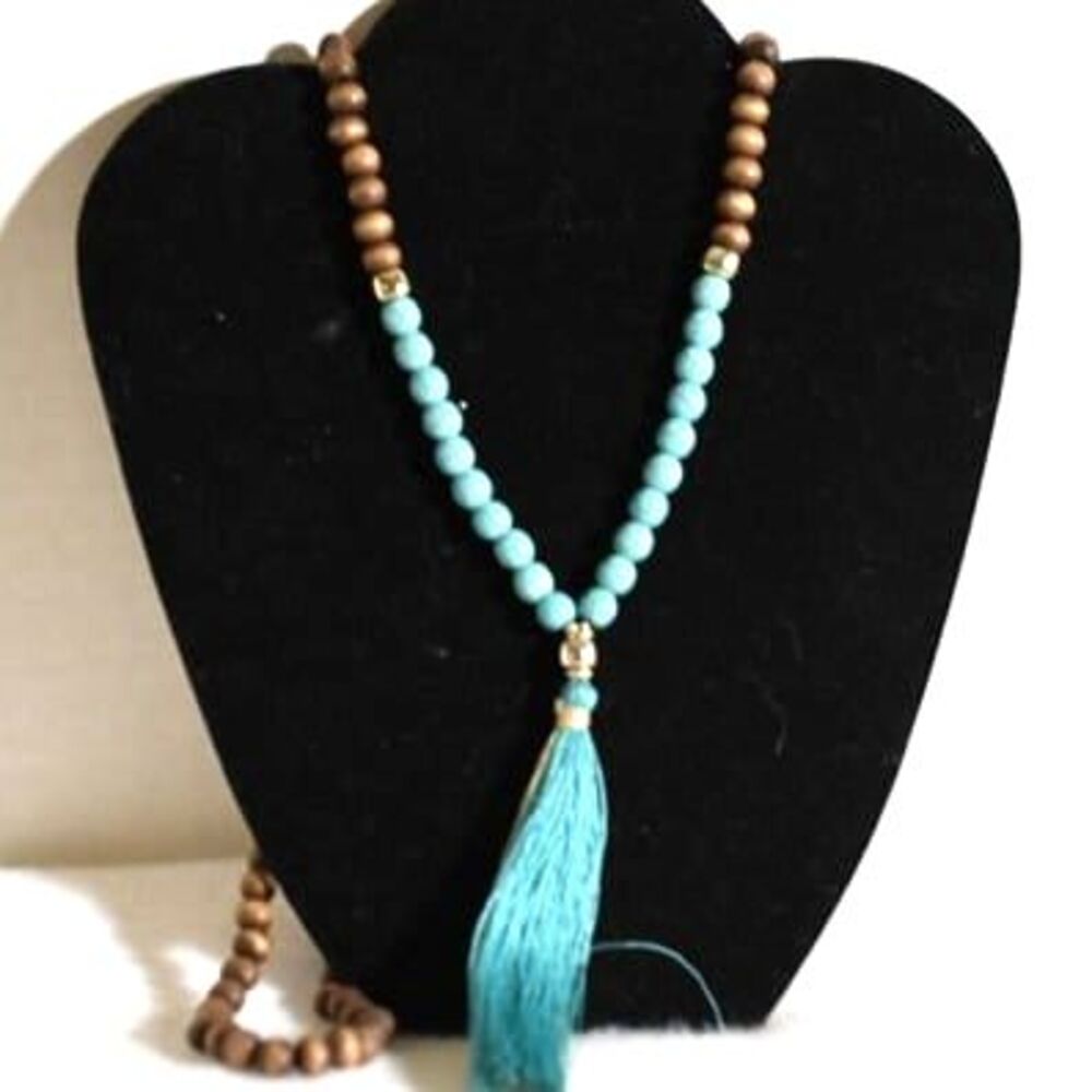 Western Chic Long Wood/Faux Turquoise Beaded Cream/Auqa Tassel 34" Necklace